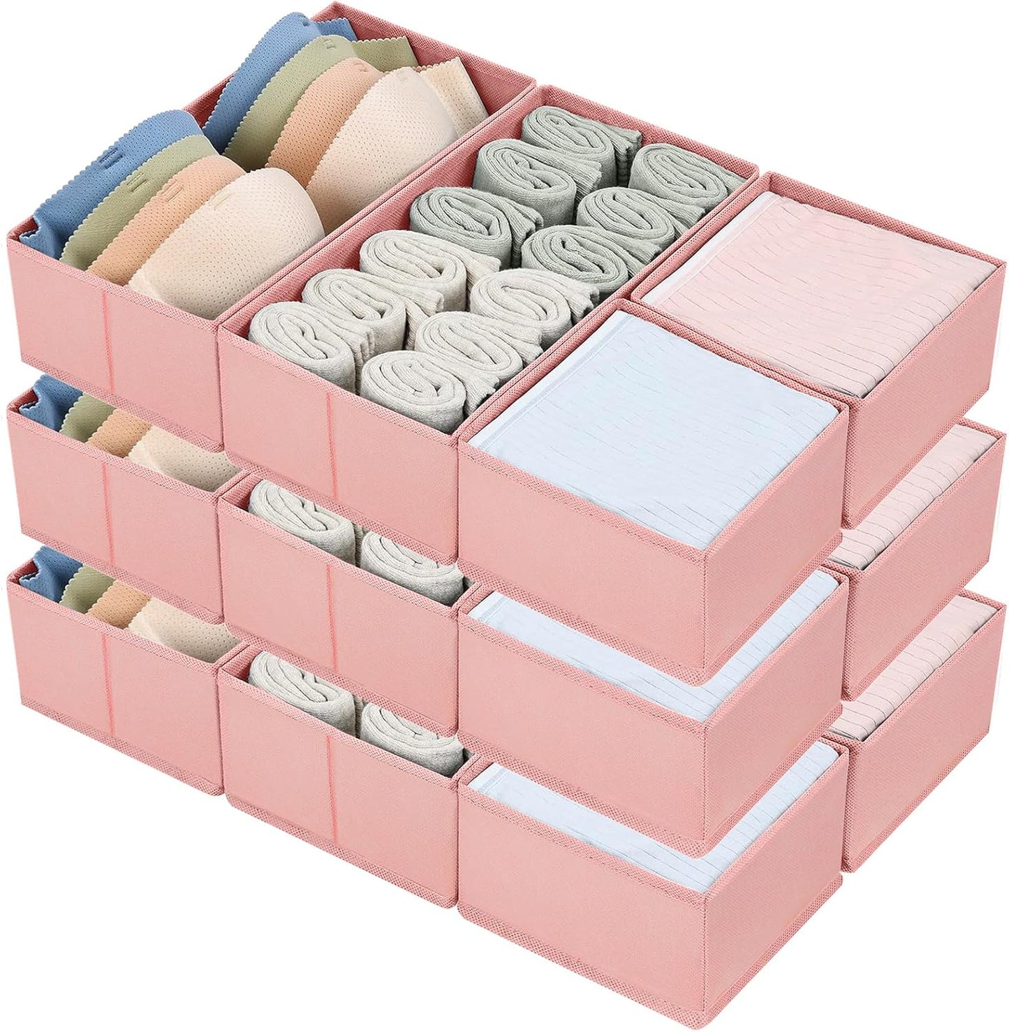 DIMJ Drawer Organizers - Set of 12 Fabric Closet Organizers and Storage, Drawer Dividers for Baby Clothes, Socks, Belt, Tie (Pink)