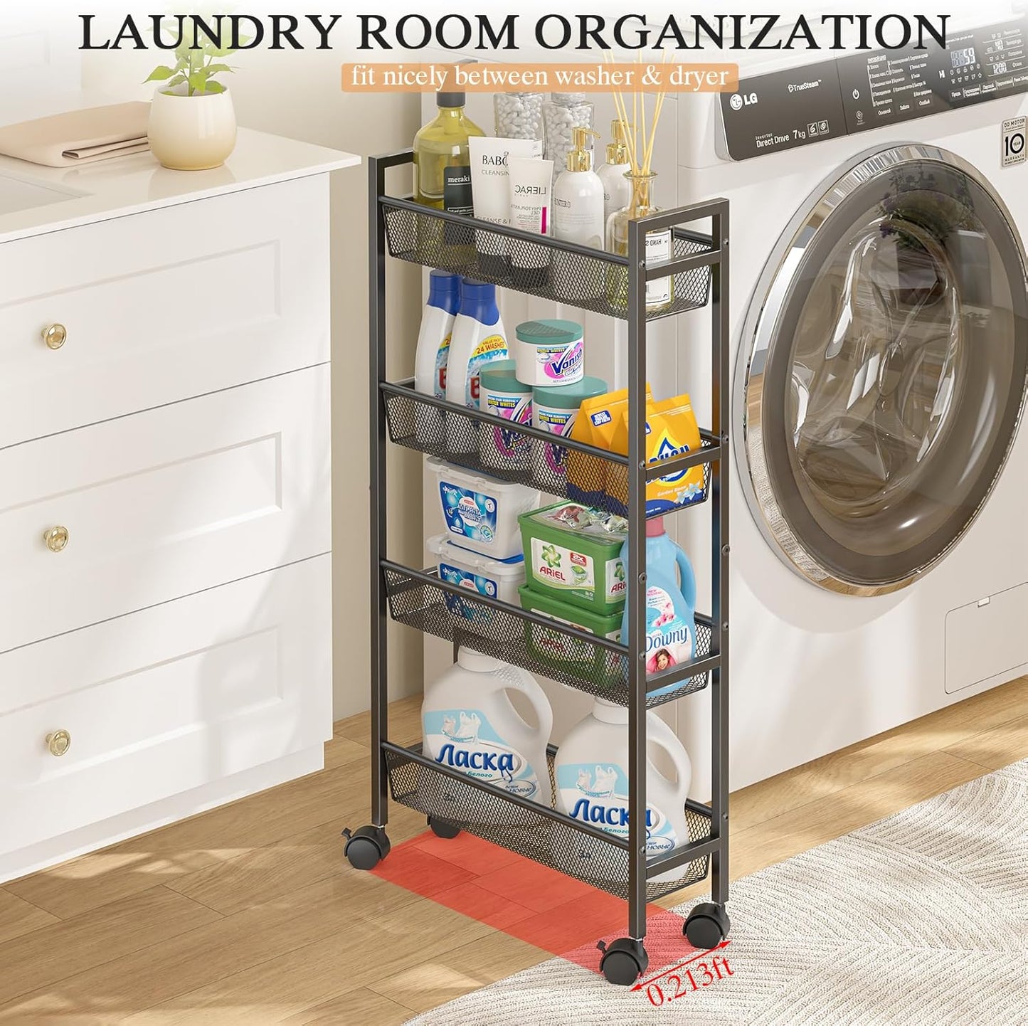 Slim Storage Rolling Cart, 4 Tier Narrow Cart with Wheels, Metal Kitchen Carts for Small Spaces, Slide Out Storage Shelves Mobile Shelving Unit for Kitchen, Laundry Room, Bathroom, Living Room, 6in(W)