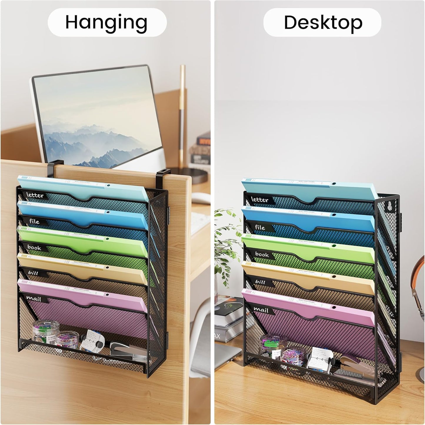 Hanging Wall File Organizer for Wall Mounted Mail Paper Folder Holder Document Organization Stand Desk File Organizer Tray for Office & Home Cubicle Countertop 6 Tier Black