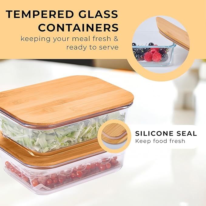 Prosumer's Choice Glass Food Storage Containers with Bamboo Lids (Pack of 2) - Stackable Meal Prep Container - Airtight Glass Food Containers with Lids - Reusable Lunch Pack - 36 Oz