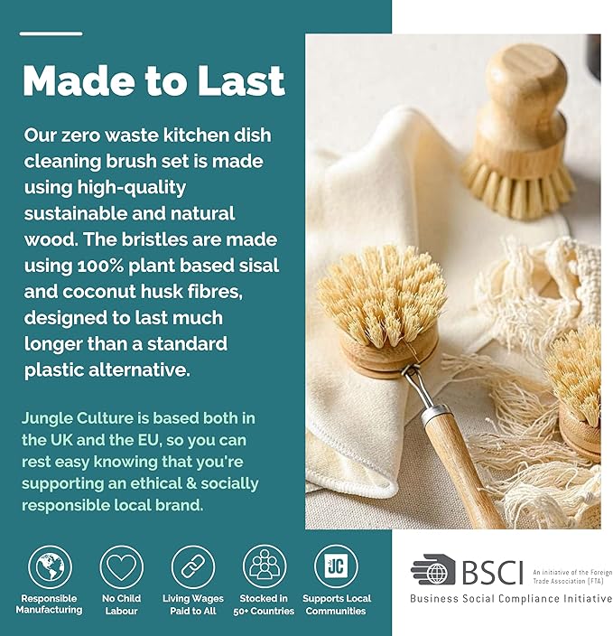 Jungle Culture® 6 Piece Natural Dish Brushes for Washing Up • Eco Dish Brush Kitchen Cleaning Set • Plant Based Coconut Scrubbers • Bottle/Pot Brush & Eco Friendly Scourer Sponge for Pans & Dishes