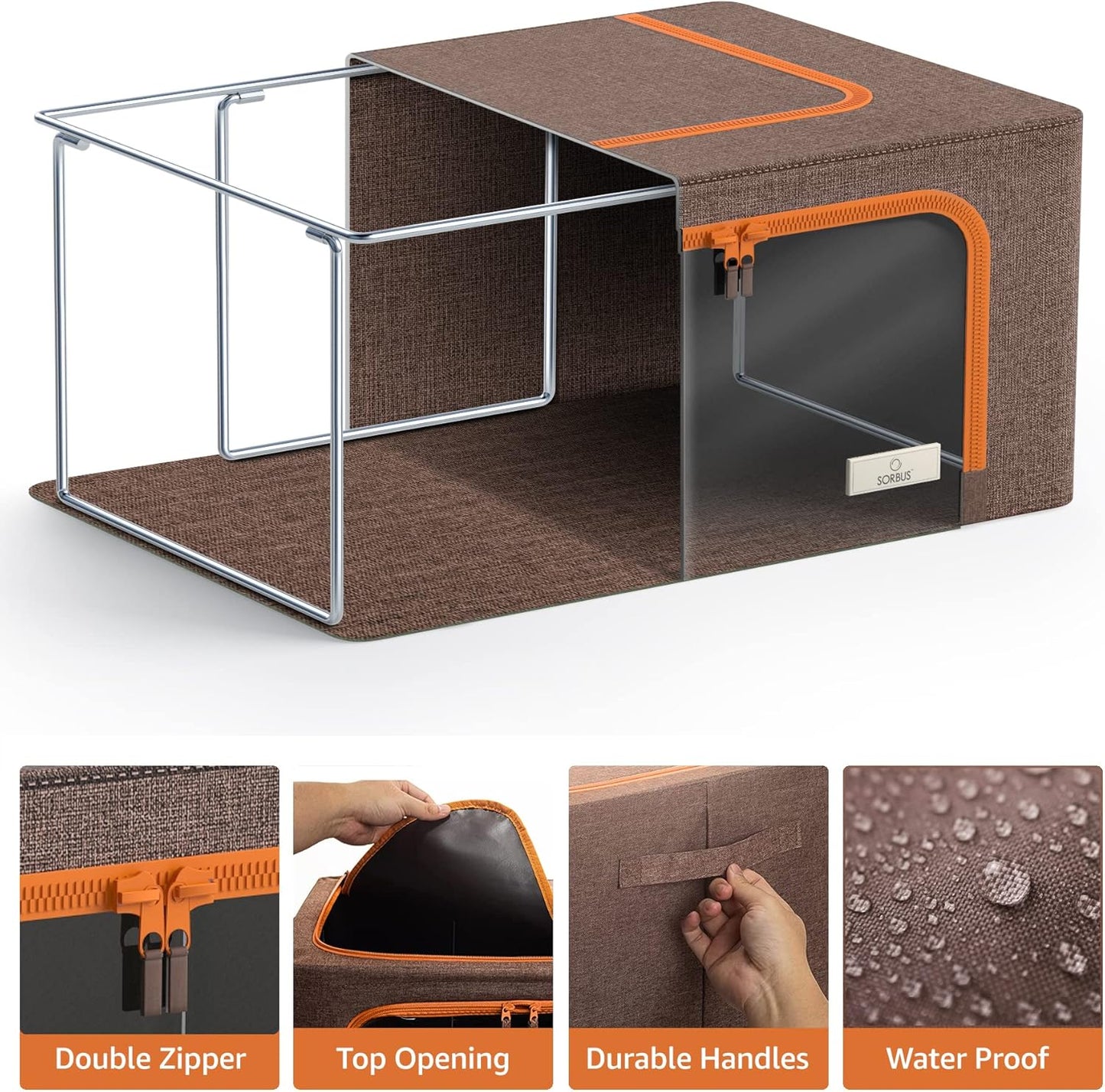 Sorbus® Storage Bins Boxes, Foldable Stackable Container Organizer Basket Set with Large Clear Window & Carry Handles, for Bedding, Linen, Clothes (Brown)