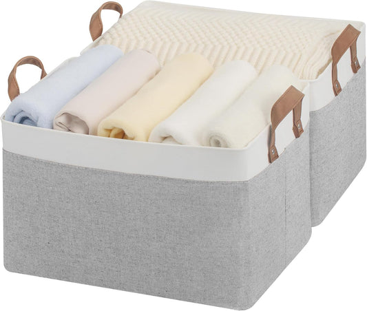 StorageWorks Storage Bins, Fabric Storage Bins for Shelves, Large Storage Baskets with Metal Frame, Closet Baskets and Bins with Handles, Gray and White, 2-Pack