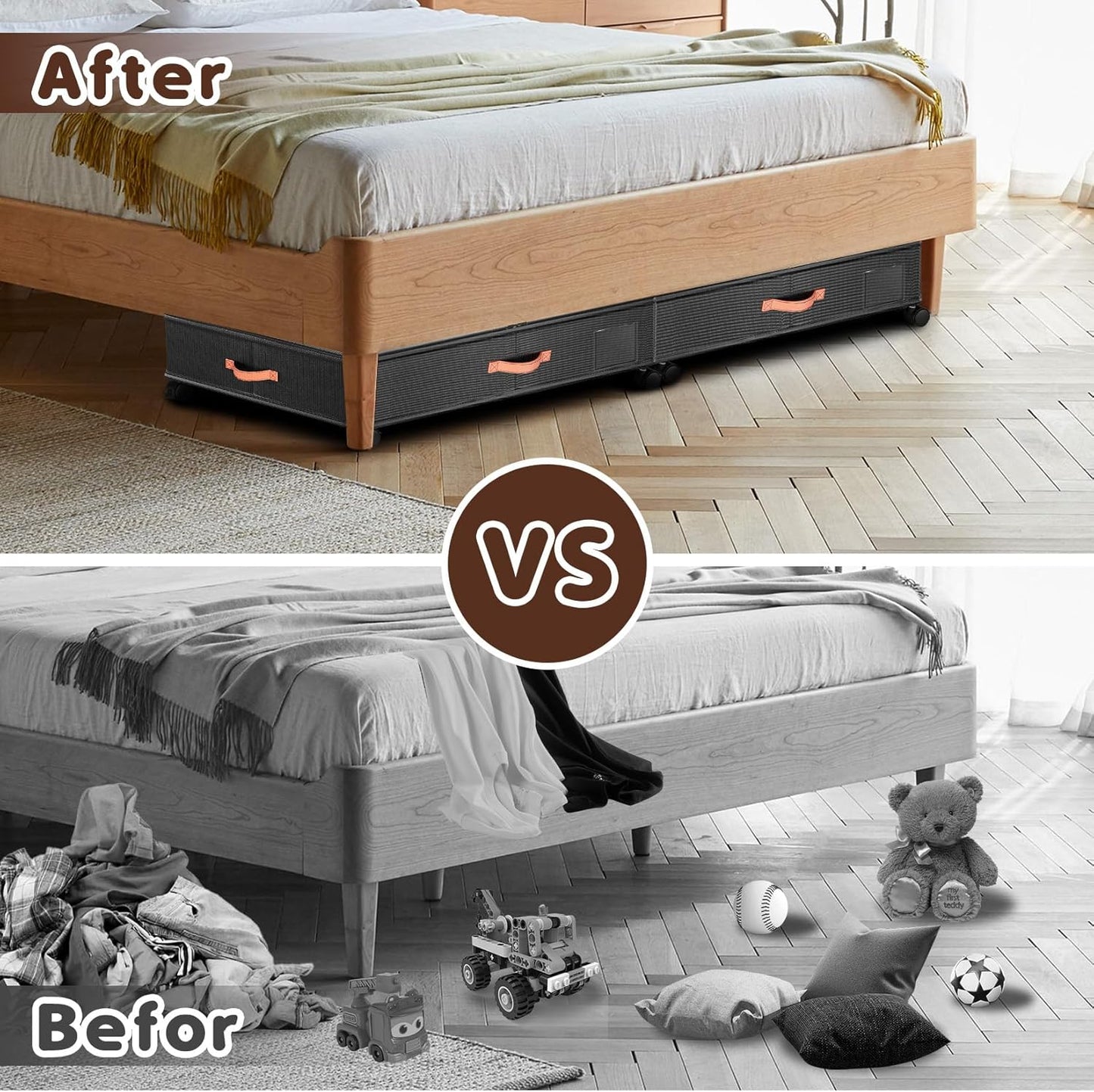 Under Bed Storage with Wheels 2-Pack – 66L XXL Larger Stackable Under Bed Storage Containers with Clear Window & Labels, Rolling Under Bed Drawers for Clothes, Shoes, Blankets (Dark Grey)