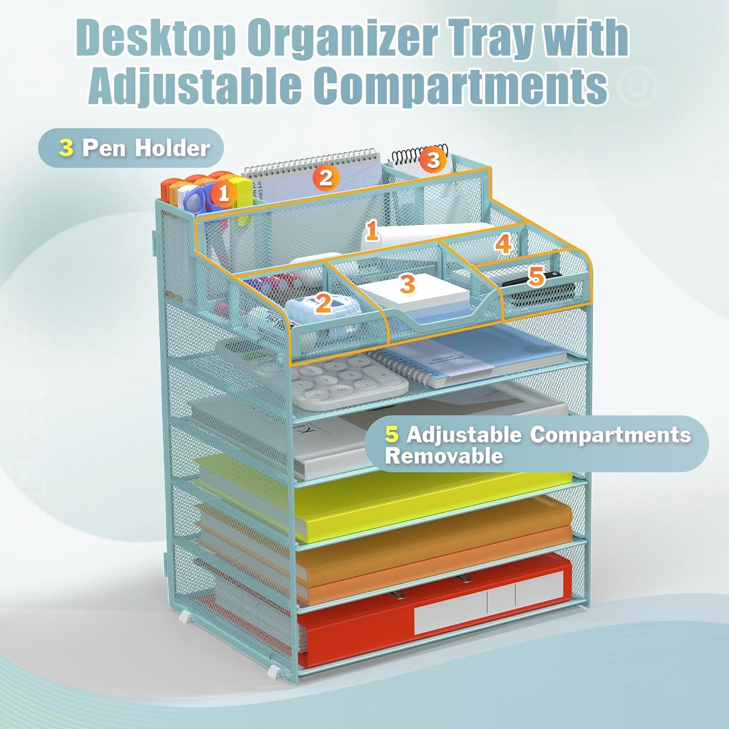 Docnest 6 Tier Mesh Desk Organizer for Paper Office Supplies – Multi-Functional Letter Tray with 5 Adjustable Compartments, 3 Pen Holders, Desktop Storage for Files, Mail, Stationery – Blue
