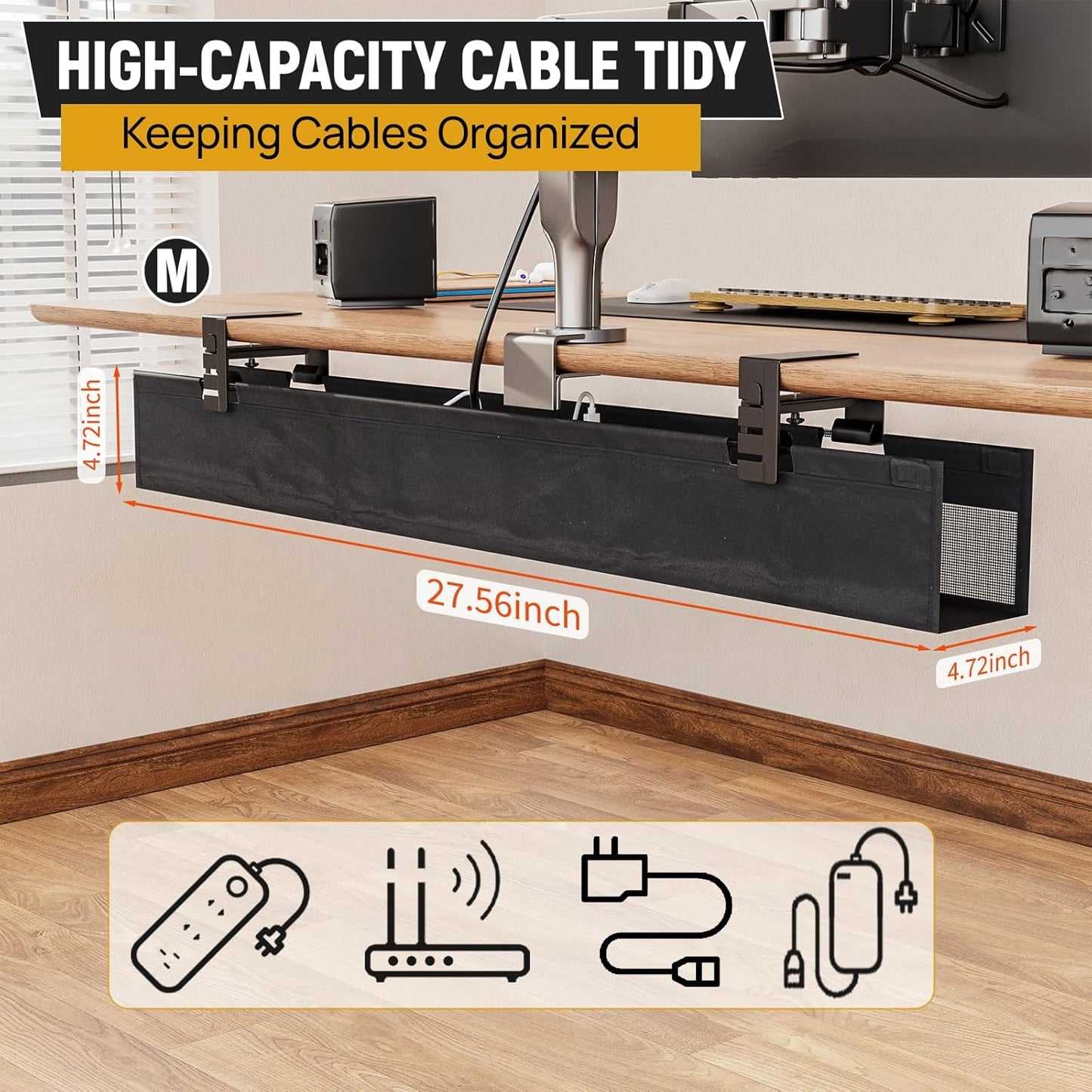 Under Desk Cable Management Tray, No Drill Standing Desk Wire Cable Management Tray, 27.5 Inch Cord Organizer for Office/Home/Game Rooms