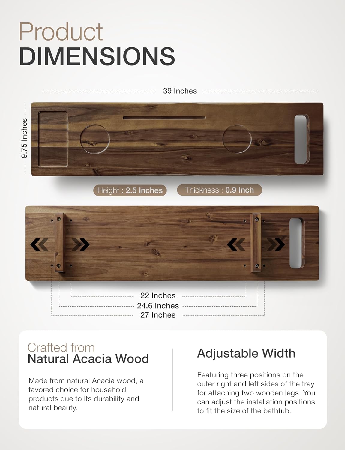 Tinamo Acacia Bathtub Tray Caddy with Adjustable Legs - Bath Tub Tray for Freestanding Tubs - 39x9.75 Inch Large Wooden Anti-Tipping Tub Tray for Bathtub with Accessories Holders (Walnut, 39x9.75)