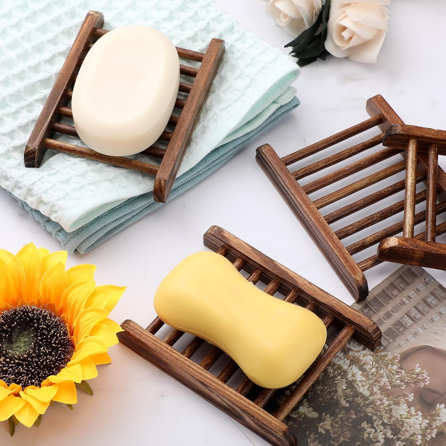 Bamboo Soap Dish Wooden Hand Craft Soap Case for Shower Rectangular Bathtub Shower Dish Accessories for Home Bathroom Kitchen Sponges(Charcoal,50 Pack)