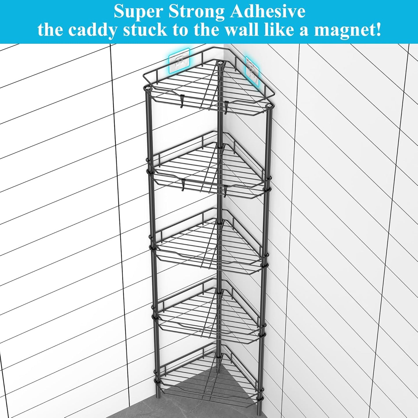5 Tier Floor Standing Corner Shower Caddy Organizer Shelf with Hooks, Bathroom Shelves Stand Rack, Matt Black