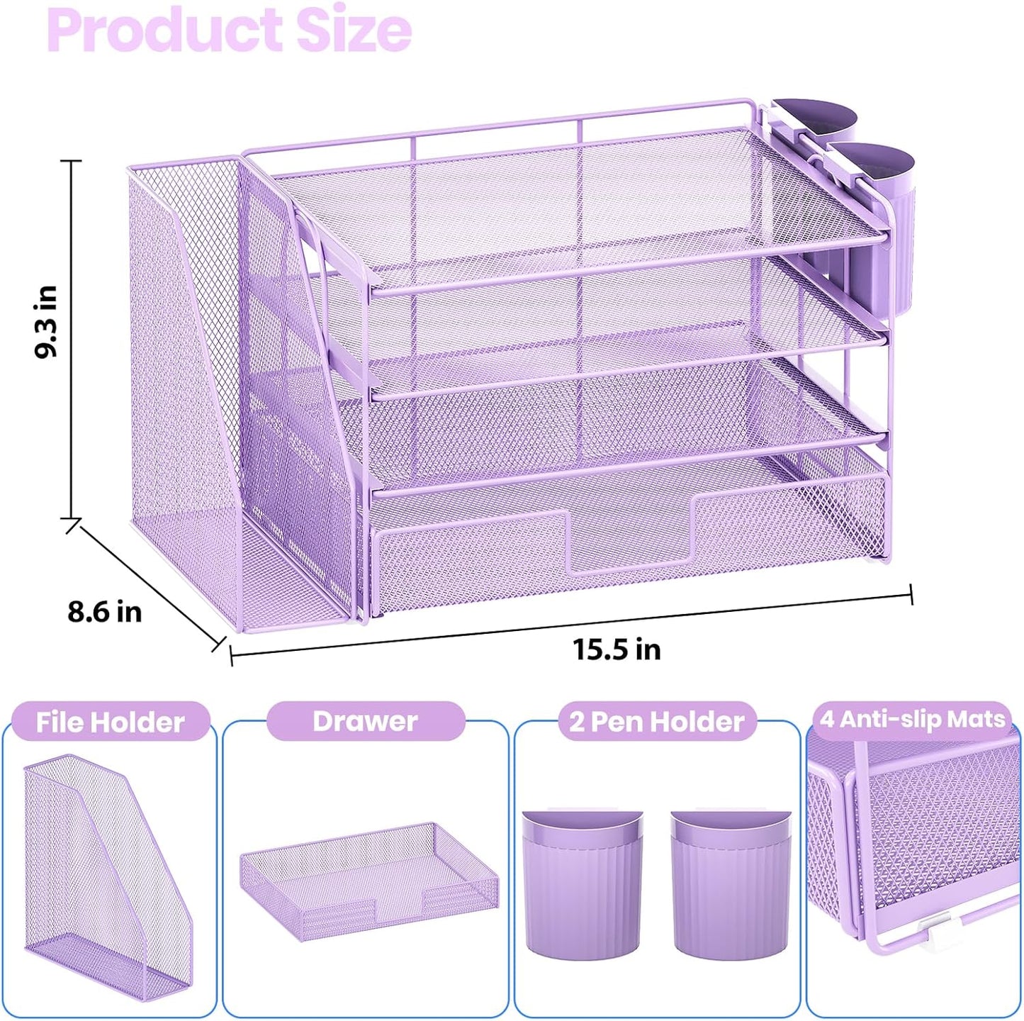 Desk Organizer and Accessories, 4-Tier Desktop File Organizer with Drawer and 2 Pen Holders, Office Desk Accessories, File Sorters, Workspace Organizers for Office Supplies(Purple)