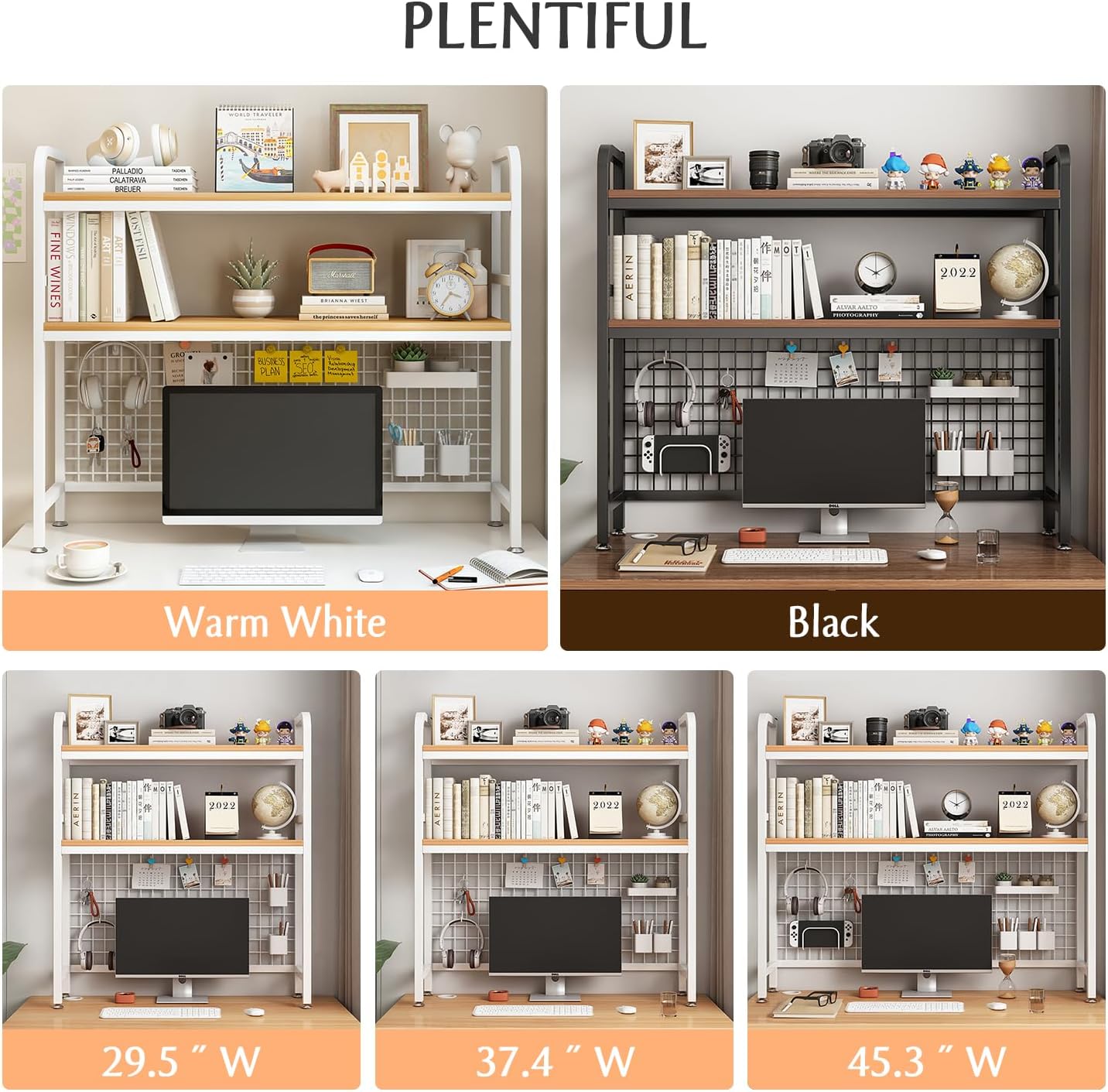 IOTXY 2-Tier Desktop Hutch Bookshelf - Metal Desk Shelf Bookcase with Grid Panel, Countertop Storage Organizer Rack for Dorm or Office, White, 45.3" W