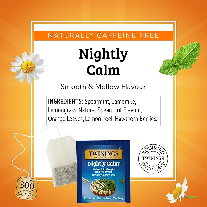Twinings Nightly Calm Herbal Tea Individually Wrapped Bags, 20 Count (Pack of 6), Spearmint & Lemongrass, Naturally Caffeine-Free, Enjoy Hot or Iced, 120 Teabags