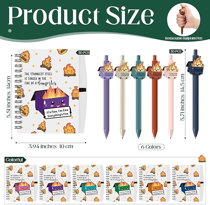60 Pcs Dumpster Fire A6 Notebooks Pens Bulk Boss Day Inspirational Funny Gift Set with Saying Dumpster Fire Notepad Ballpoint Pen Dispatcher Employee Appreciation Gift (Colorful)
