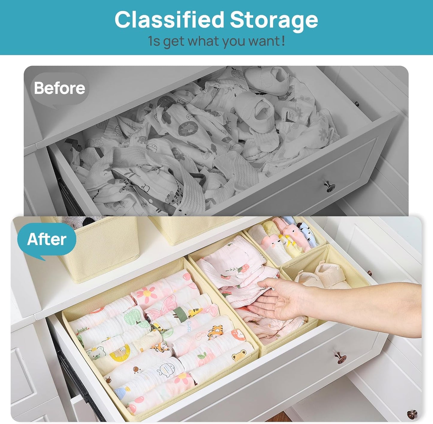 Vtopmart 12 Pack Baby Clothes Organizer, Dresser Drawer Organizer for Baby Clothing, Foldable Fabric Closet Drawer Storage Bins, Nursery Dresser Dividers for Bra, Socks, Ties, Scarf