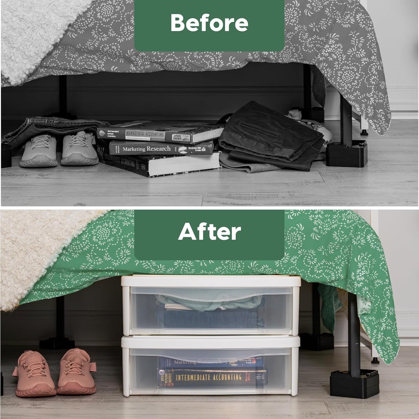 IRIS USA 22 Qt Under Bed Storage, Stackable Organizer Bin Plastic Container with Sliding Drawer, 2 Pack, Multi-Purpose for Clothes, Shoes, Bedding, White