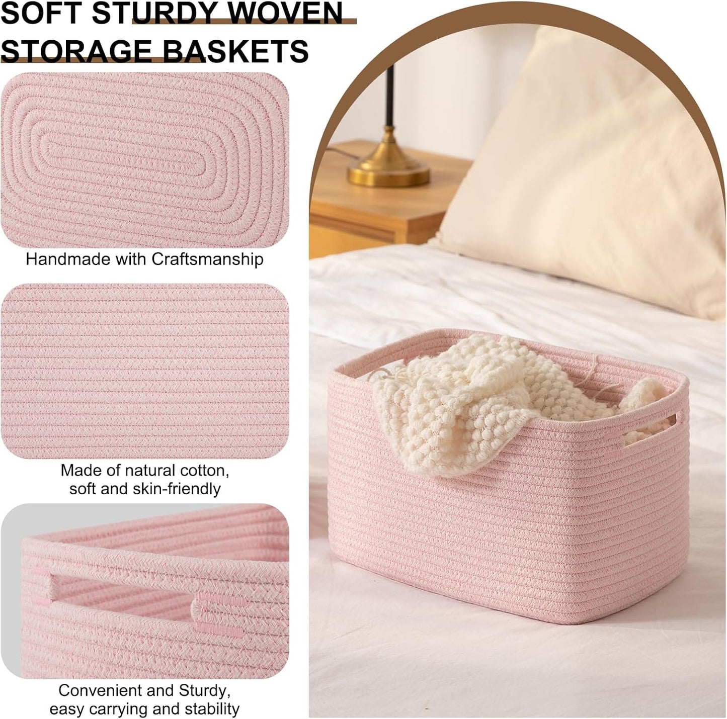 Storage Baskets for Organizing, Woven Decorative Baskets for Shelves - Books, Towels, and Clothes, Cotton Rope Toy Storage Bins, 12.7''Lx9''Wx7.8''H, Pack of 4, Pink