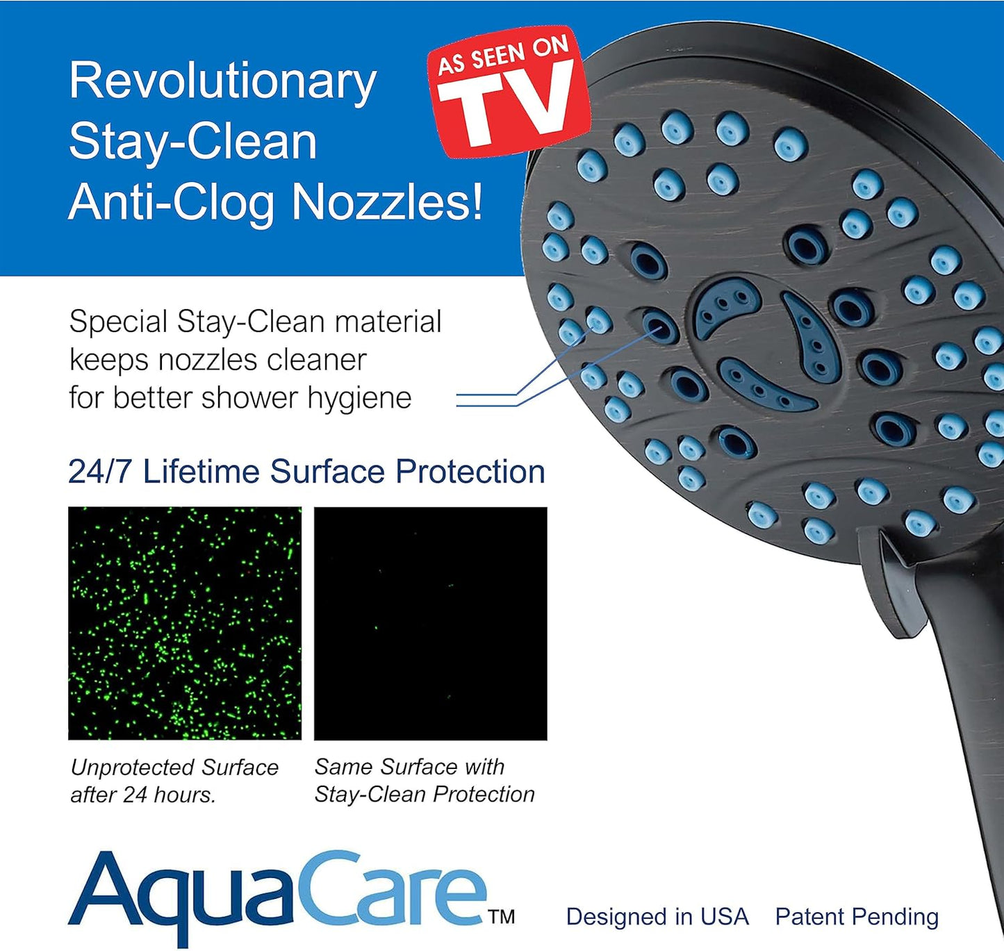 Hotel Spa AquaCare High Pressure 8-mode Handheld Shower Head - Anti-clog Nozzles, Built-in Power Wash to Clean Tub, Tile & Pets, Extra Long 6 ft. Stainless Steel Hose, Wall & Overhead Brackets