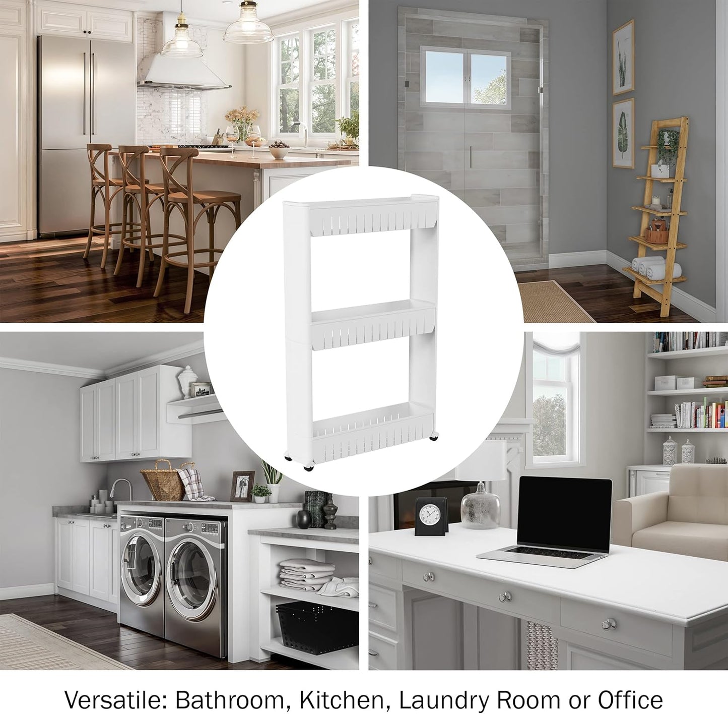 Lavish Home 3 Tier Shelf Rolling Cart - Narrow-Space Kitchen or Bathroom Shelf Organizer Cart - Slim Slide-Out Storage Shelves for Kitchen, Bathroom, Laundry and Pantry