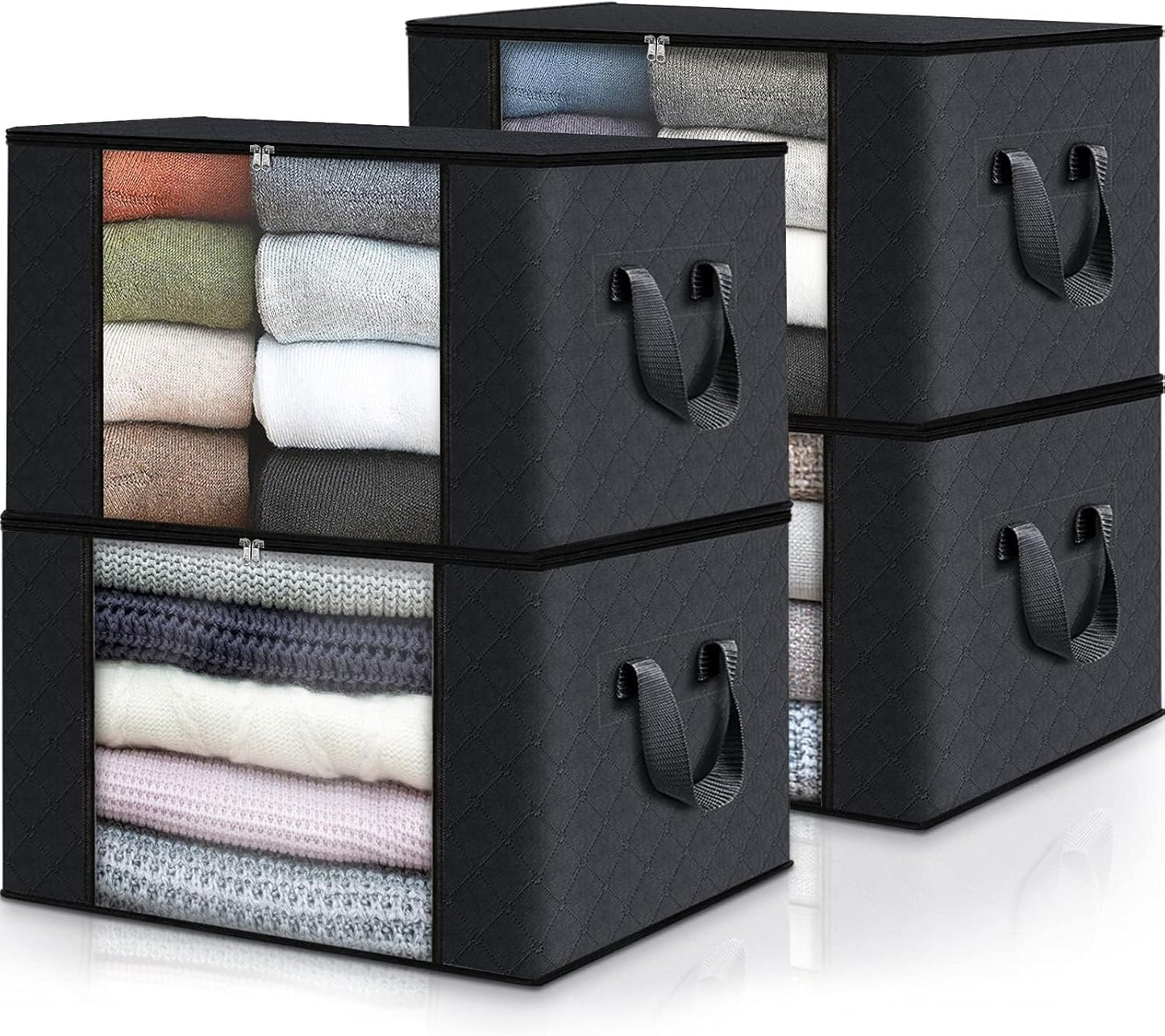 Fab totes Storage Bags,Clothes Blanket Storage Bins Foldable Closet Organizers with Reinforced Handle for Home Dorm Storage and Organization,Fabric Bags for Organizing Sheets,Clothing (Black,4 Pack)