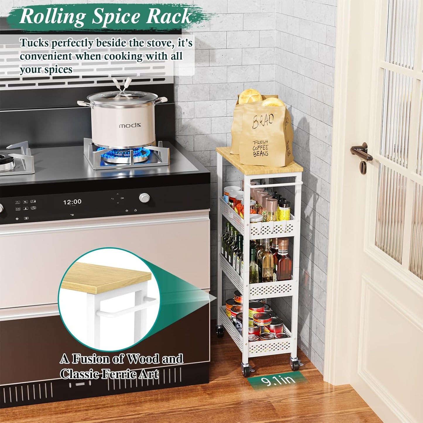 Utility Slim Storage Cart, 4-Tier Narrow Bathroom Organizers and Storage Cart, Narrow Metal Kitchen Laundry Room Organization Shelf with Wood Top, Slim Rolling Carts with Wheels for Small Space