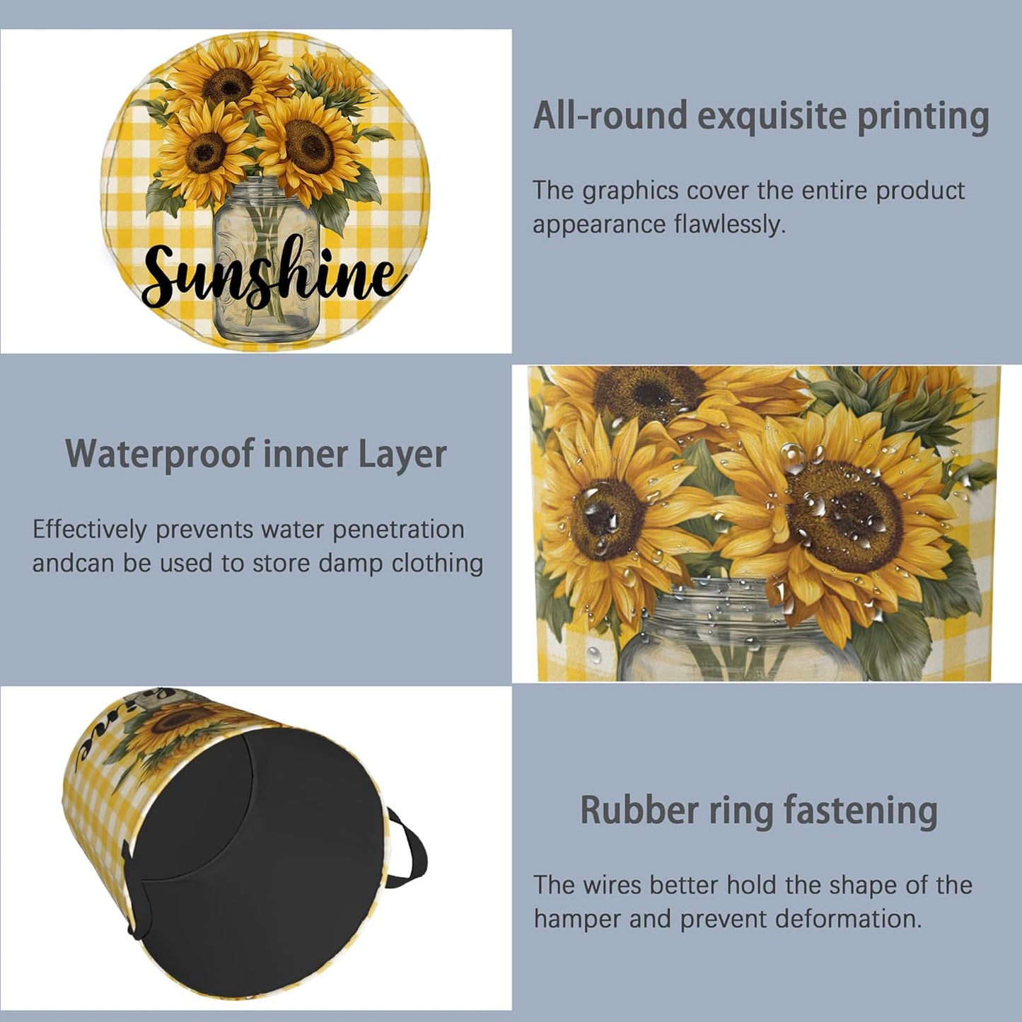 Retro Sunflowers Laundry Hamper,Sunshine Dirty Clothes Laundry Basket with Handles Waterproof Oxford Cloth Storage Basket for College Dorms Bathroom Bedroom 16" x 20.8"