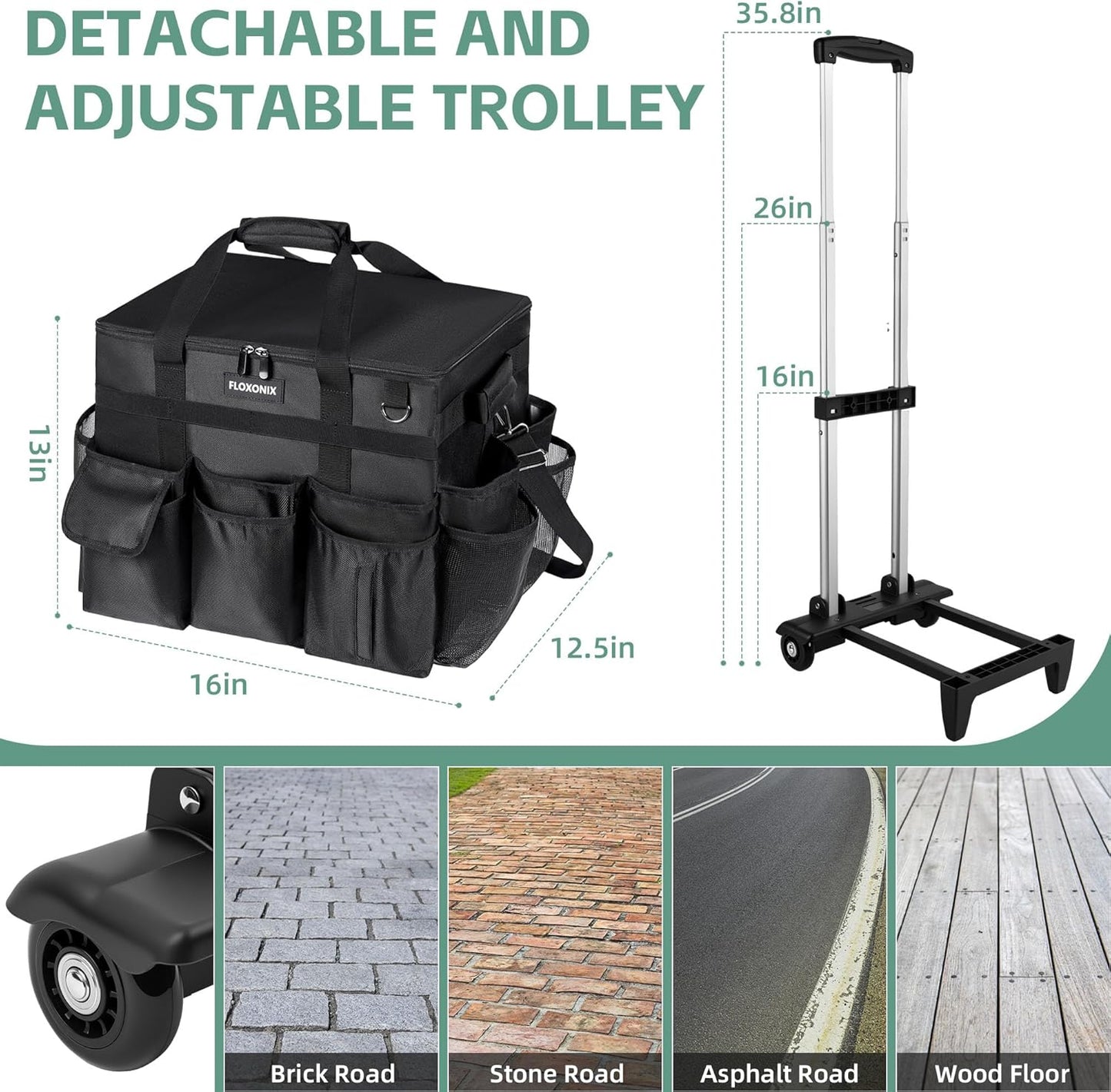 Large Rolling Cleaning Caddy Bag with Wheels, with Detachable Trolley, Cleaning Bags on Wheels for Housekeepers, Cleaning Cart Supplies Organizer for Home, Car, Picnic (Black)