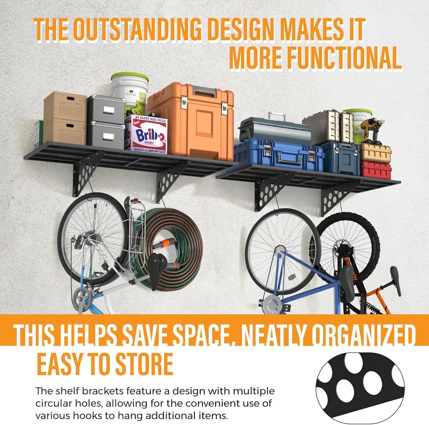 4 Pack 1,5x4ft Heavy Duty Garage Wall Shelving, Garage Shelving Wall Mounted, Storage Rack with Hooks (Black)