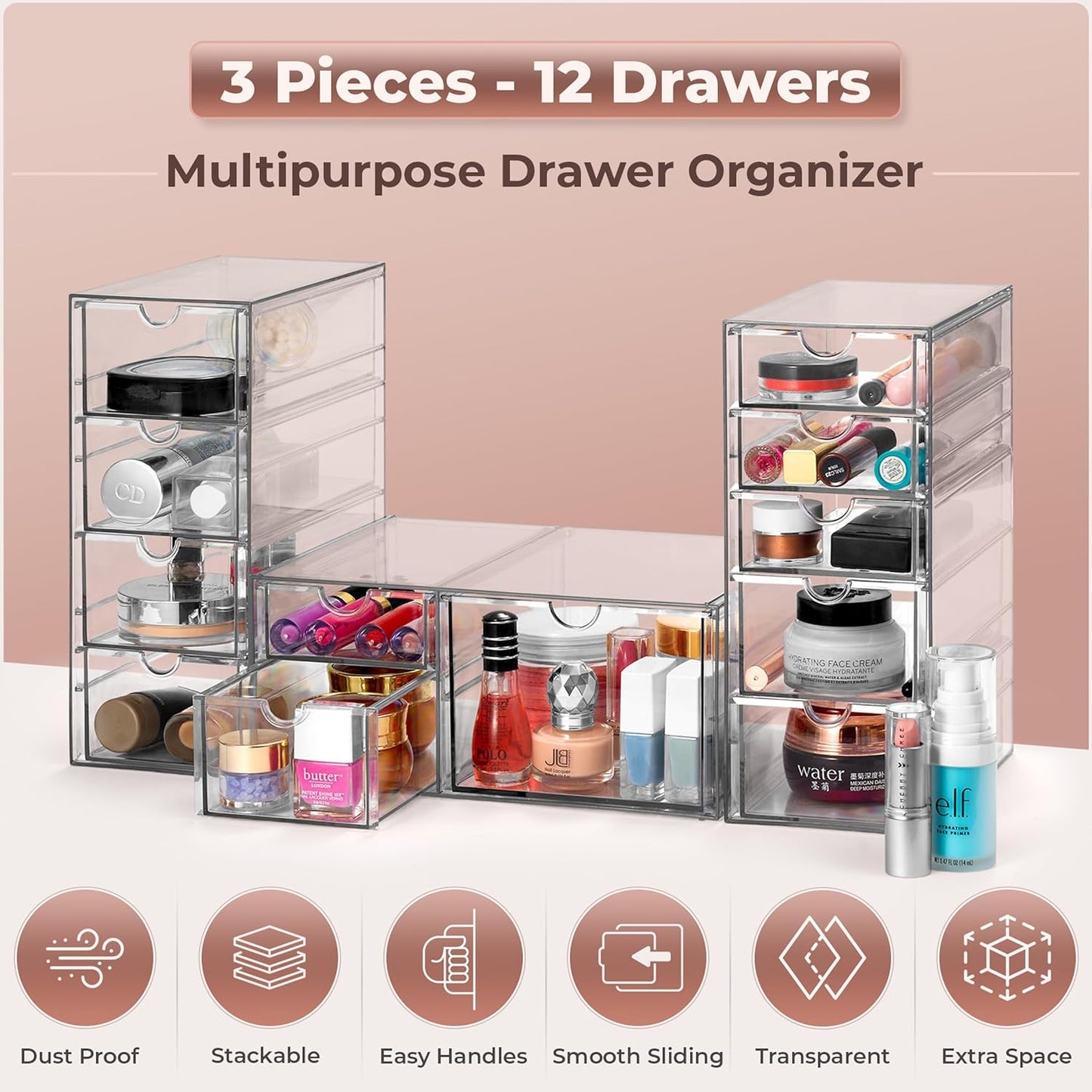 Sorbus Makeup Organizer With 12 Drawers, Acrylic Drawer Organizer for Makeup, Office Organization and Storage, Art Supplies, Jewelry, Stationary - 3 Pcs Clear Stackable Storage Bins Organizer Drawers