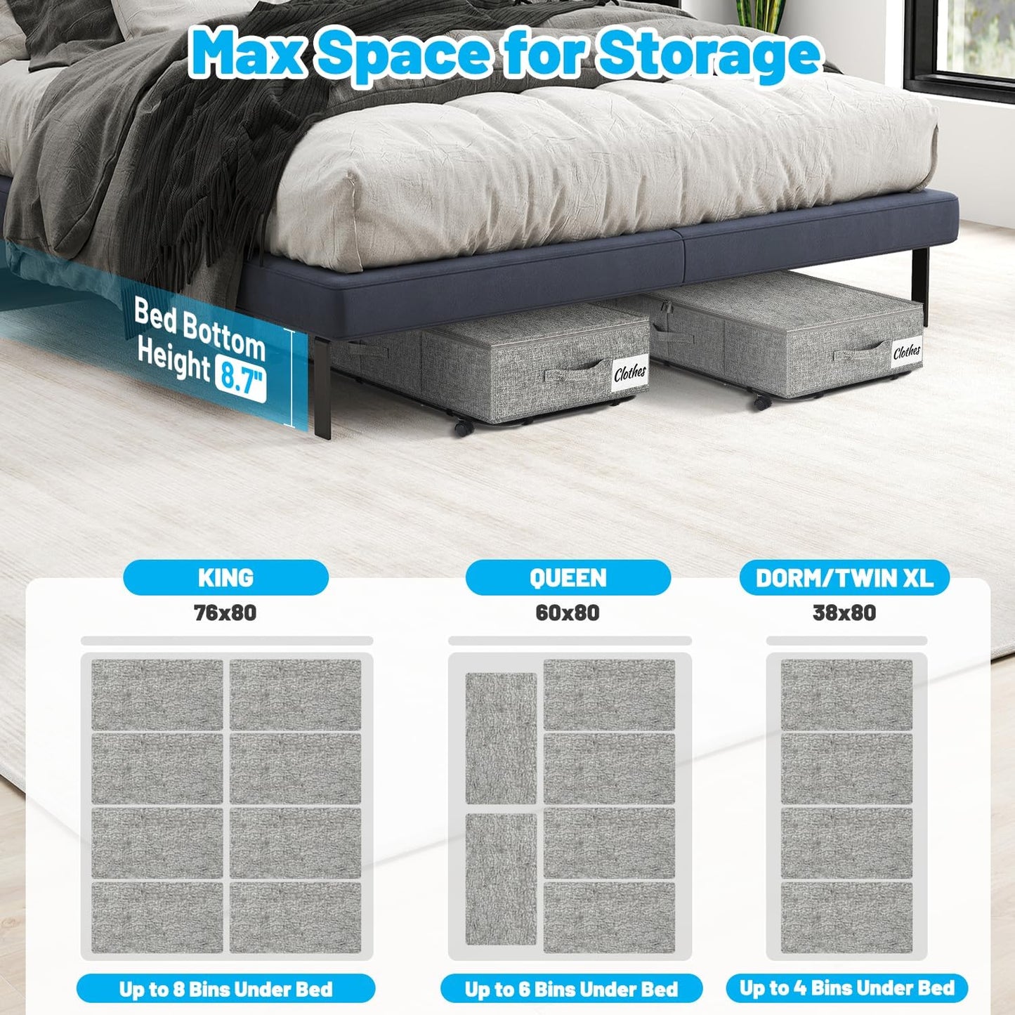 Large Sturdy Under Bed Storage with Wheels, 2 Pack 50L Rolling Underbed Storage Bins, Under Bed Containers Drawer with Metal Bottom Support, Bedroom Organizer with Lids for Clothes, Shoes, Blankets