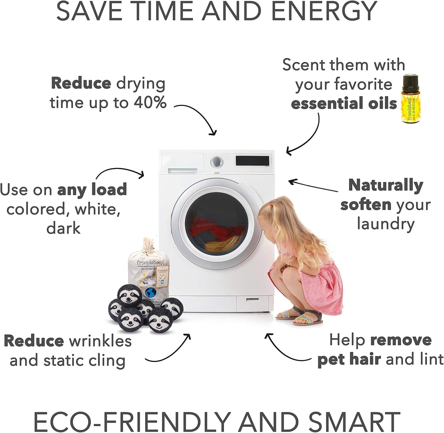 Friendsheep Wool Dryer Balls, Organic Reusable Fabric Softener Alternative for Laundry, Handmade, Fair Trade, Hypoallergenic, Eco-Friendly, Plastic-Free (6 Pack XL – Gray Sloth - Sloth Squad)