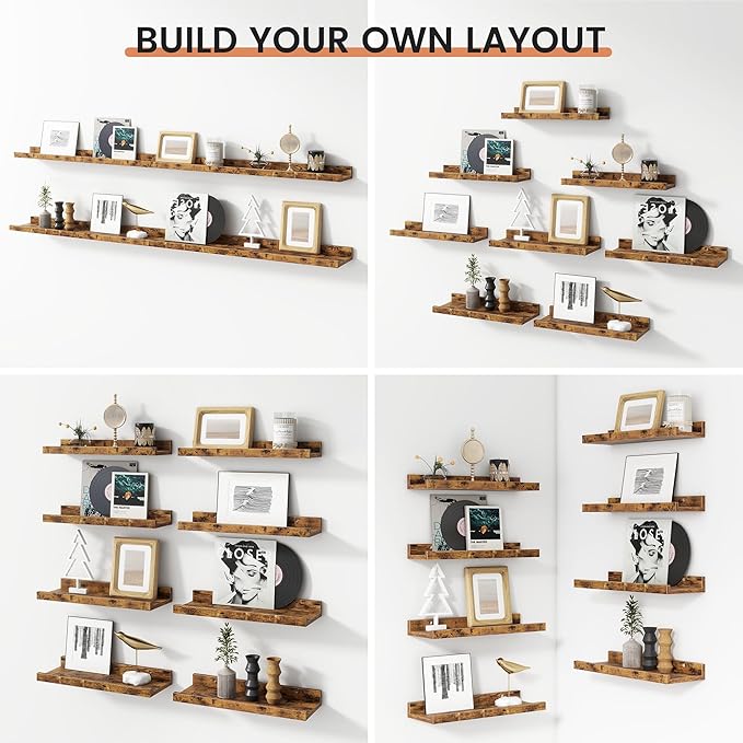 Floating Picture Ledge Shelves for Wall Set of 8, 16 Inch Wall Shelves with Lip Long Large Nursery Book Shelf for Toys Storage Kids Bookshelf Wall Mounted Living Room Bedroom Decor Frames