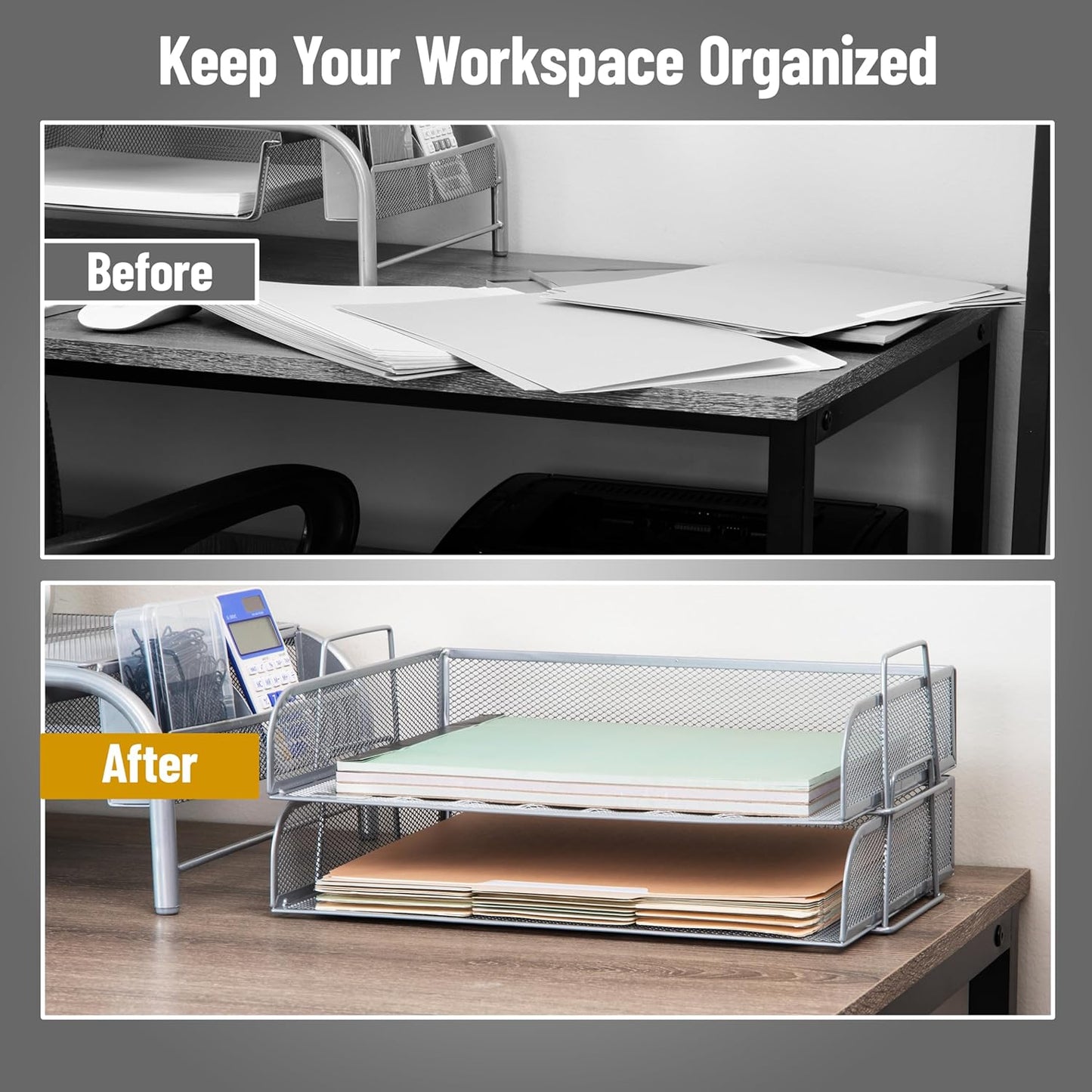 Mind Reader Stackable Paper Tray, Desktop Organizer, File Storage, Office, Metal Mesh, 13.25" L x 9.75" W x 6.25" H, 2 Pcs., Silver