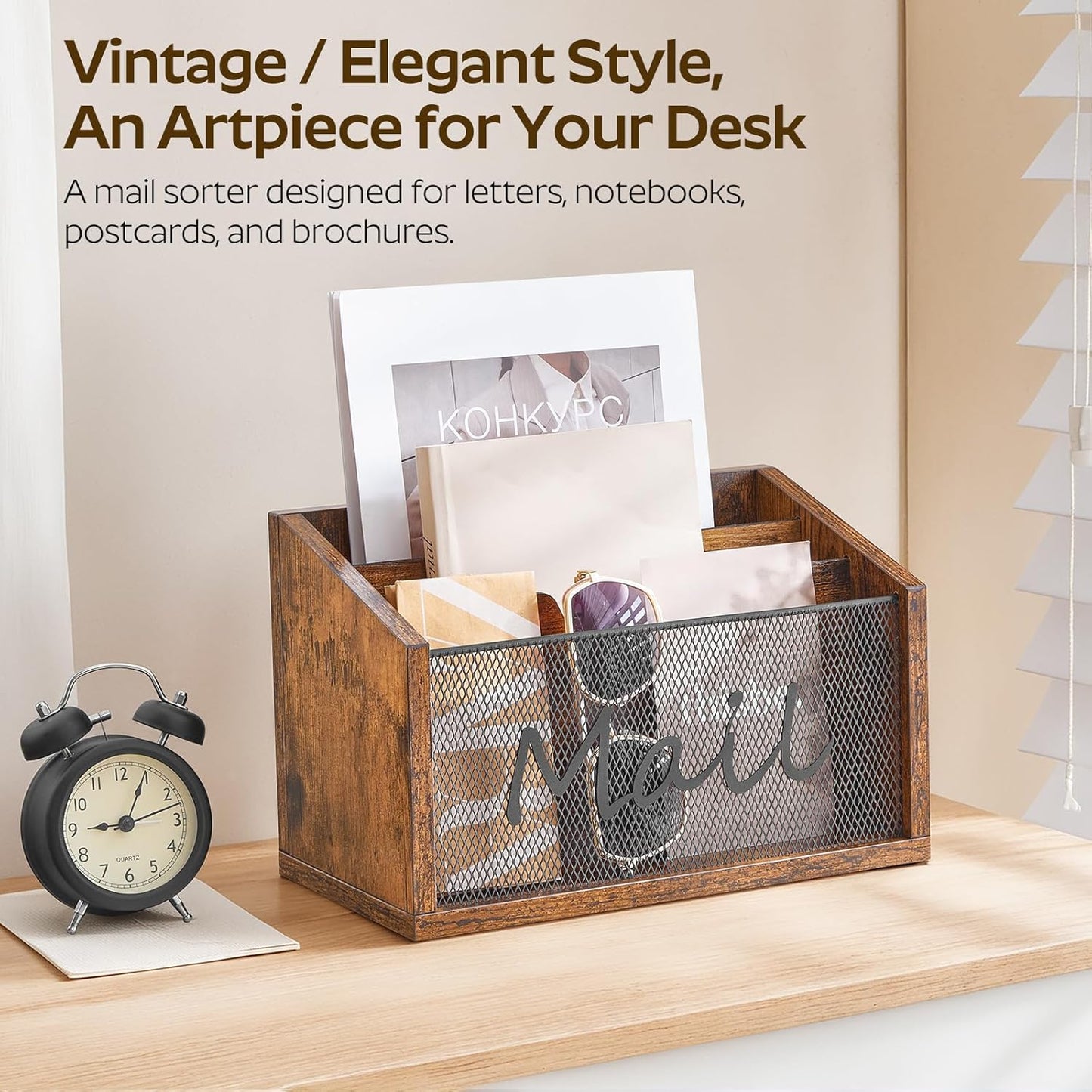 Mail Organizer Countertop, Mail Holder with 3 Slots, Mail Sorter for Desk, Wooden Office Desk Organizer, Mail Organizer for Magazines, Files, Papers, Folders, Rustic Brown and Black MR03BR