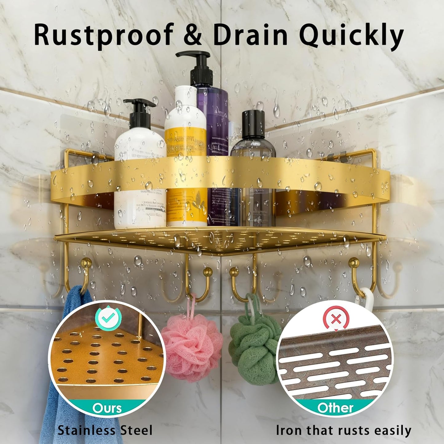 Corner Shower Shelves, 2-Tier Gold Shower Candy with 4 Hooks, Stainless Steel Bathroom Shower Organizers, Wall Mounted Caddy Shelves No Drilling with Adhesive, Triangle Storage Shelf for Toilet