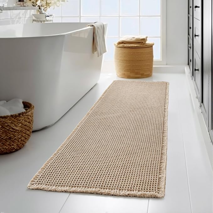 KGORGE Waffle Bathroom Rug, Large Super Absorbent Non Slip Washable Bathroom Rugs Decor, Boho Quick Dry Rubber Backed Bath Mat for Shower Toilet Hallway Hotel, Brown, 24" W X 72" L 1pc