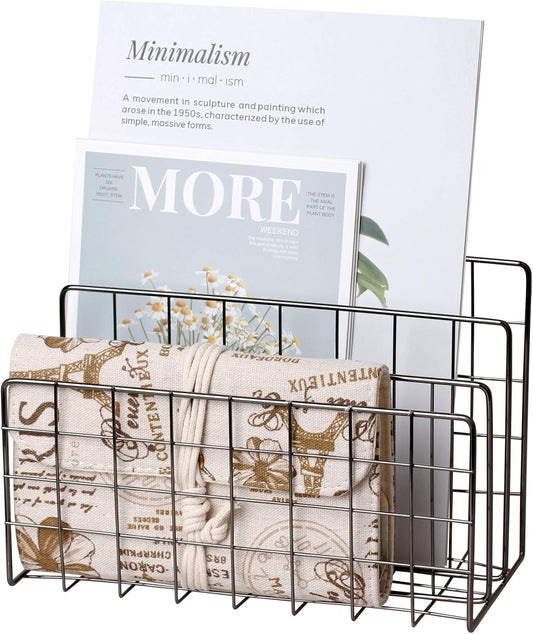 Desktop Mail Organizer File Organizer Metal Wire Mail Sorter Letter Organizer Magazine Rack for Letters, Mails, Books, Postcards, Brochures, Mail Holder (3 Slot, Dark Gray)