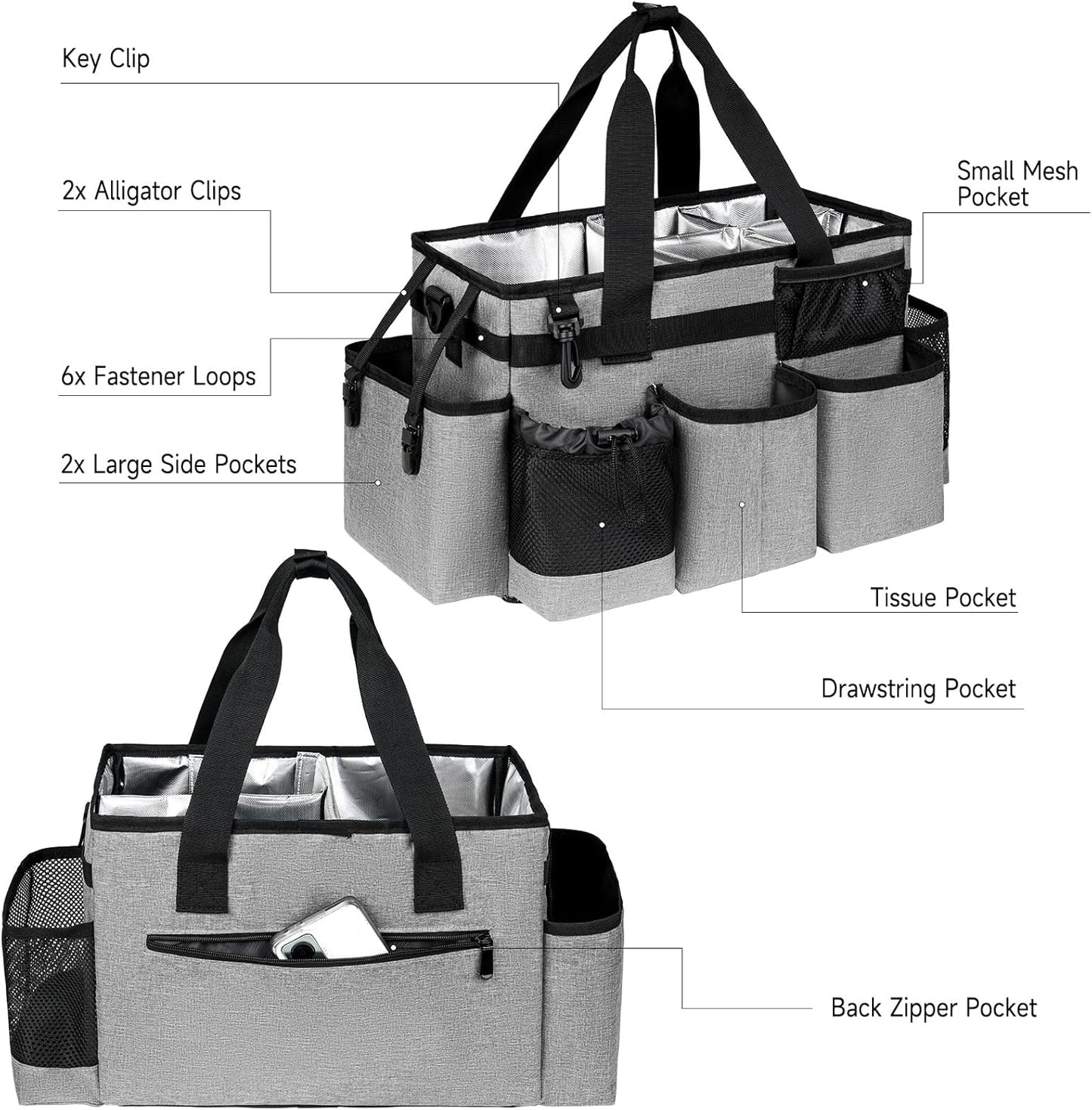 Cleaning Caddy Bag, Cleaning Supplies Organizer for Housekeepers, Housekeeping Caddy with Handle and Detachable Padded Cushion, Gray