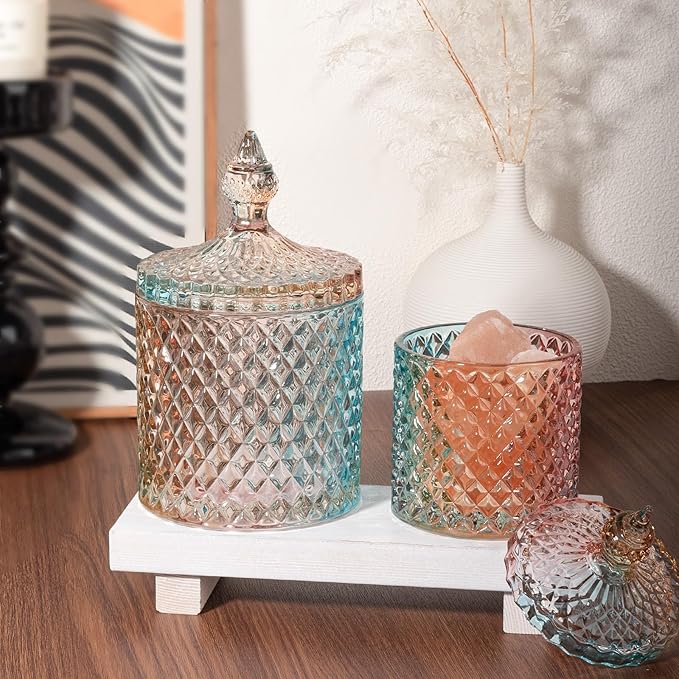 rejomiik 2 Pack Qtip Holder Glass Bathroom Accessories Vanity Organizers and Makeup Storage for Cotton Swabs, Balls, Pads, Floss Picks, Candy, Small and Large Rainbow