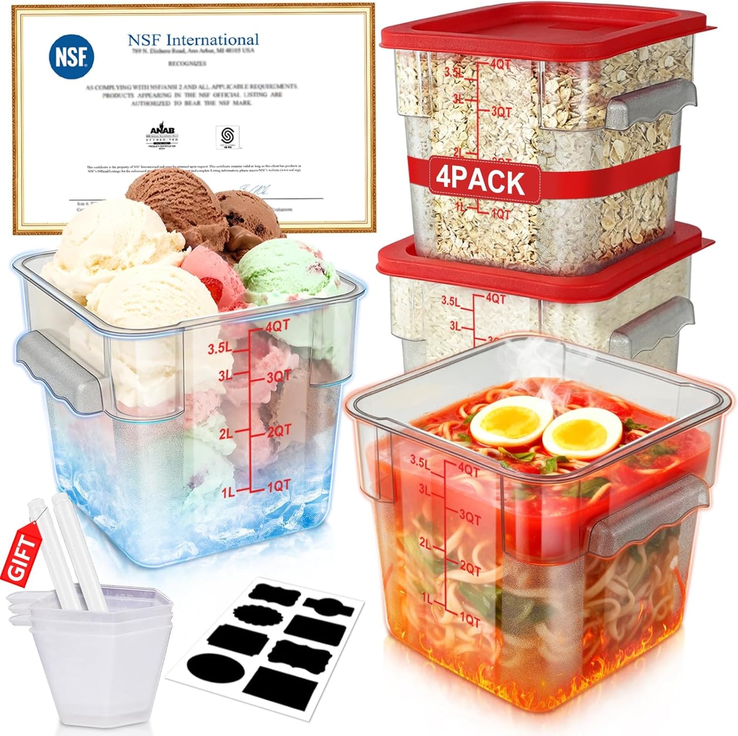 4QT NSF Food Storage Containers with Lids: 4 PCS [Total Food Grade][Hot&Cold Resistant] Commercial Clear Food Storage Containers for Restaurant Kitchen Proof Dough, Measuring Spoons Included(Red)