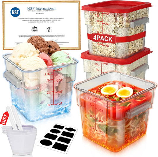 4QT NSF Food Storage Containers with Lids: 4 PCS [Total Food Grade][Hot&Cold Resistant] Commercial Clear Food Storage Containers for Restaurant Kitchen Proof Dough, Measuring Spoons Included(Red)