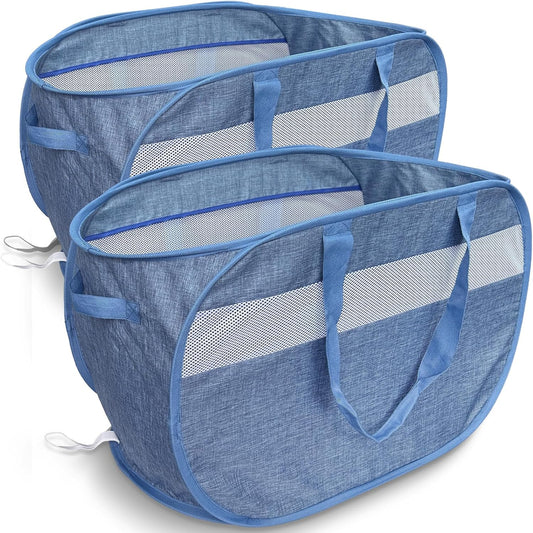 100L Mesh Pop Up Laundry Hampers with Handles, Extra Large Collapsible Laundry Baskets 2 Pack, Portable Travel Laundry Basket, Dirty Clothes Hamper Light Breathable, Bule. 2H
