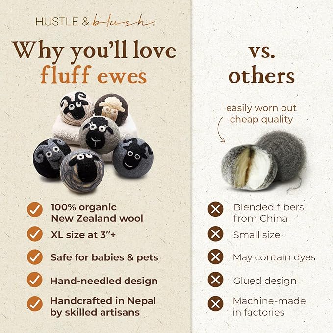 Hustle & Blush Fluff Ewes Wool Dryer Balls 6 Pack - XL Classic Premium New Zealand Laundry Set, Reduces Drying Time, Static Control, Chemical Free, Ideal Holiday Gifts for Women & Men