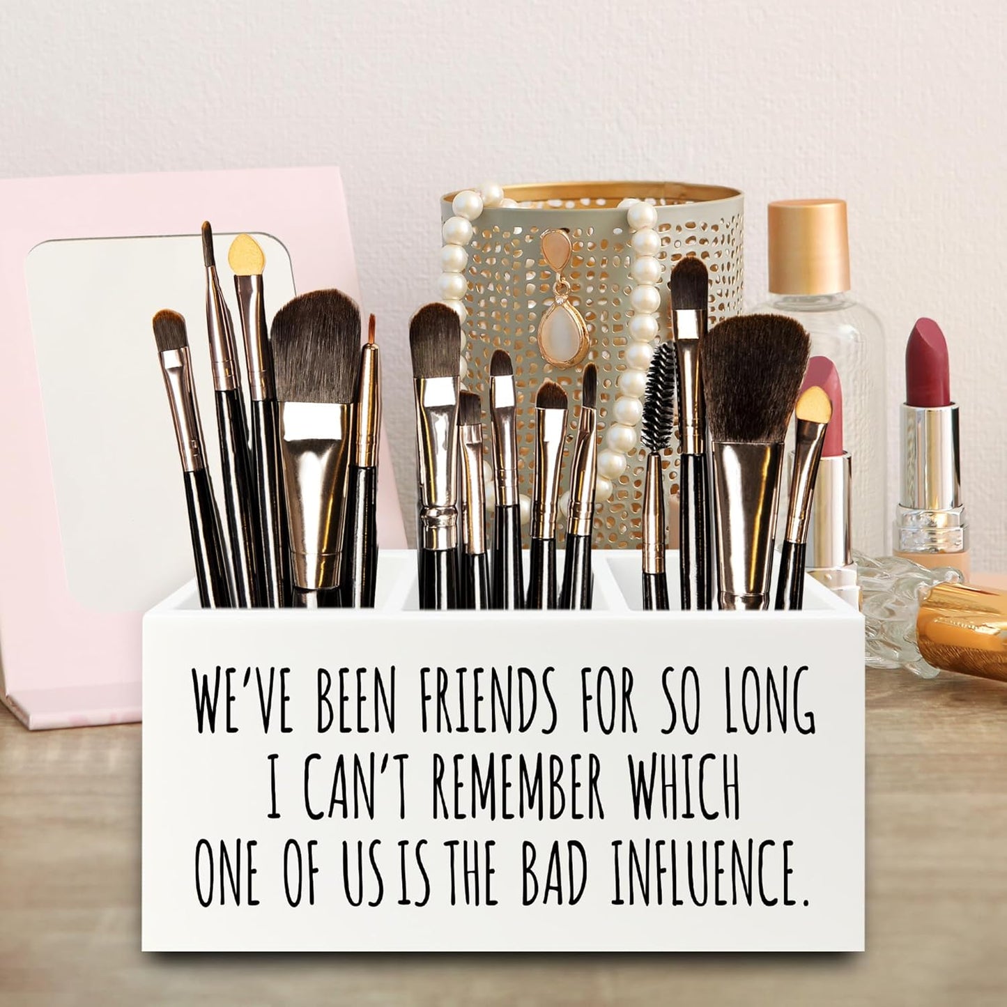 Funny Sarcastic Friendship Pen Pencil Holder Organizer for Desk, Humorous Gifts, We've Been Friends for So Long I Can't Remember Which Wooden Box Signs Decor for Home Office Desk Tabletop