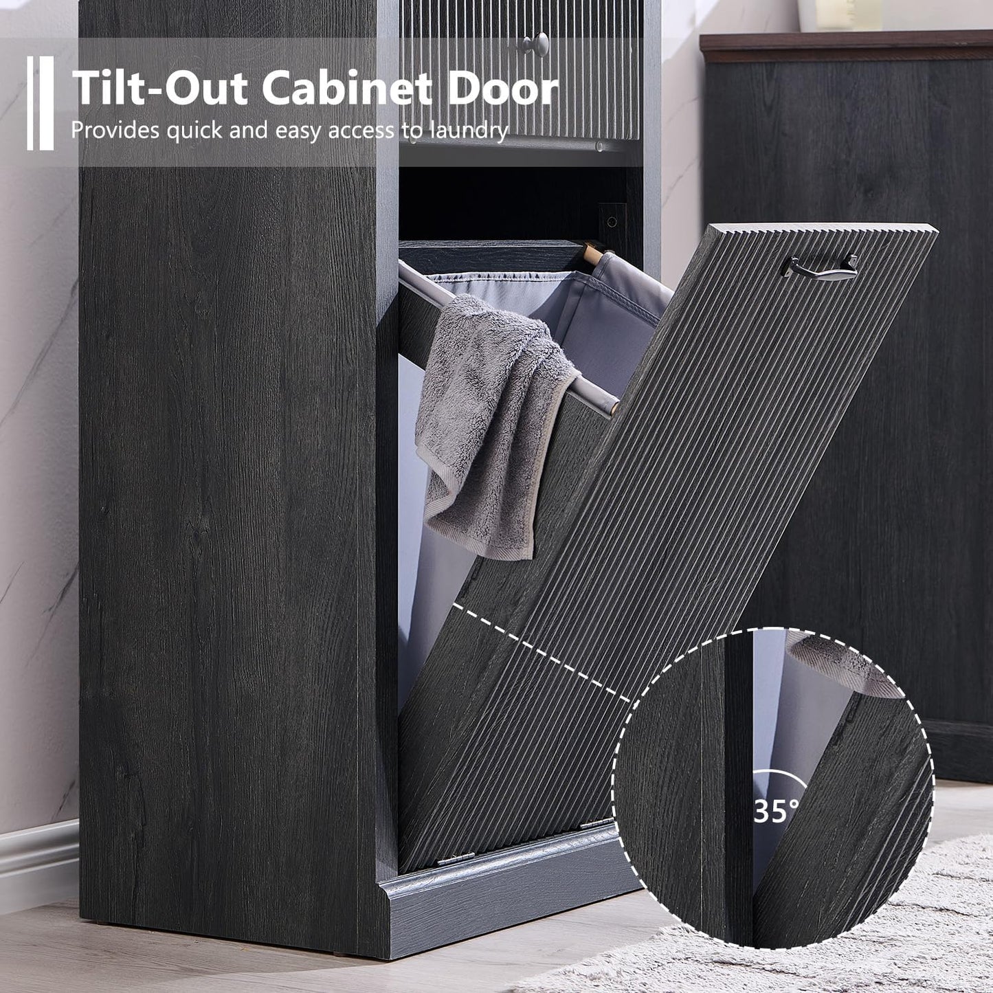 Modern Tilt-Out Laundry Hamper Cabinet, 10 Gallon Fluted Trash Can Cabinet with Drawer, Wooden Hidden Garbage Can Cabinets with Laundry Basket, Free Standing for Bathroom and Kitchen, Grey