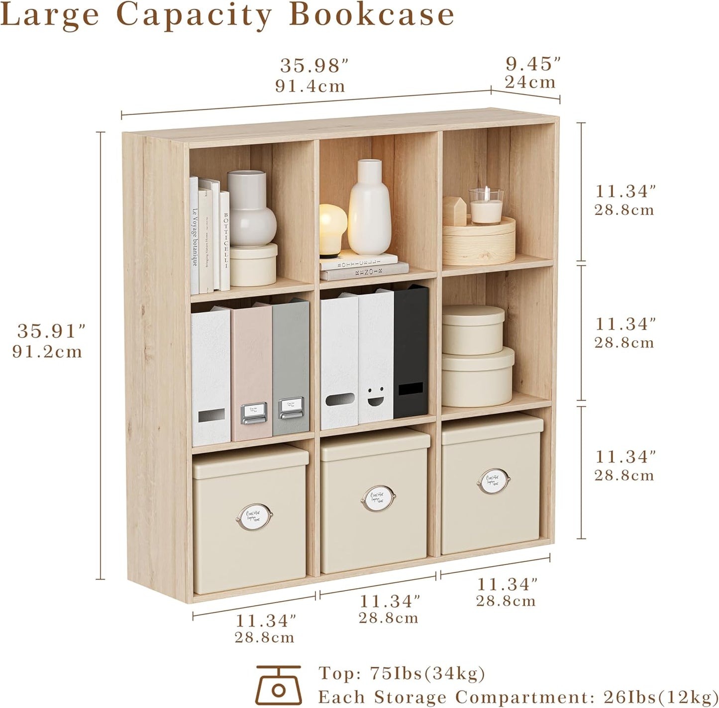Wooden Storage Organizer with Closed Back Panel, 11in Cube Shelf Opening, Bookshelf, Display Shelf,Closet Cabinet for Home and Office (White Oak, 9-Cube 35.98L*9.45W*35.91H)