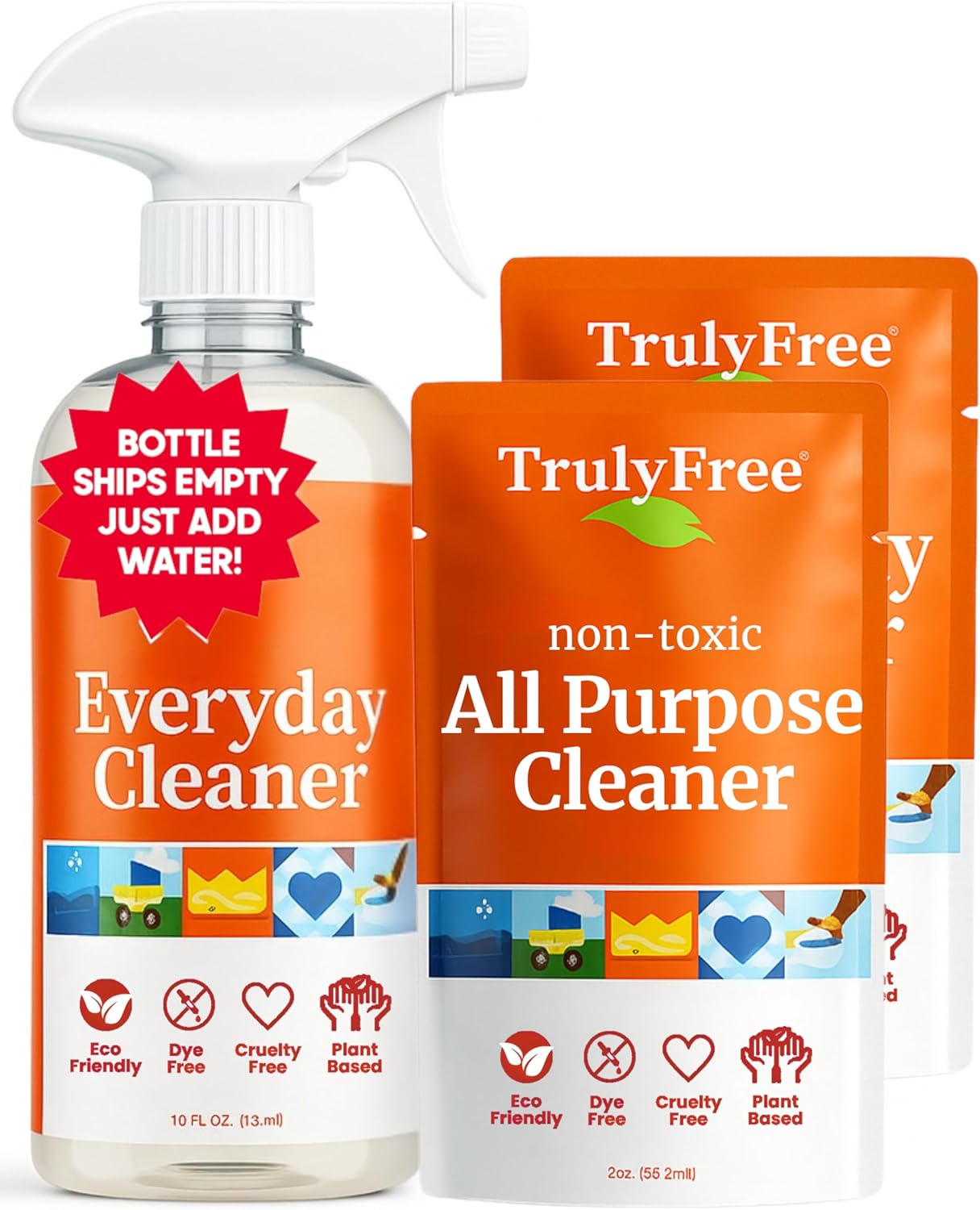 Truly Free Everyday Cleaner - Multipurpose Cleaner Spray, Kitchen Counter Cleaner, Natural Cleaning Products, Multi-Surface Household Solution, 1 Empty Bottle Spray (16oz) & 2 Refills (3oz each)