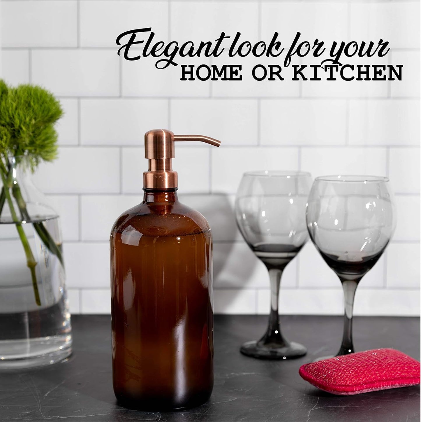 Kitchentoolz Large Pump Bottle - 32 Ounce Glass Shampoo and Soap Dispenser - Amber