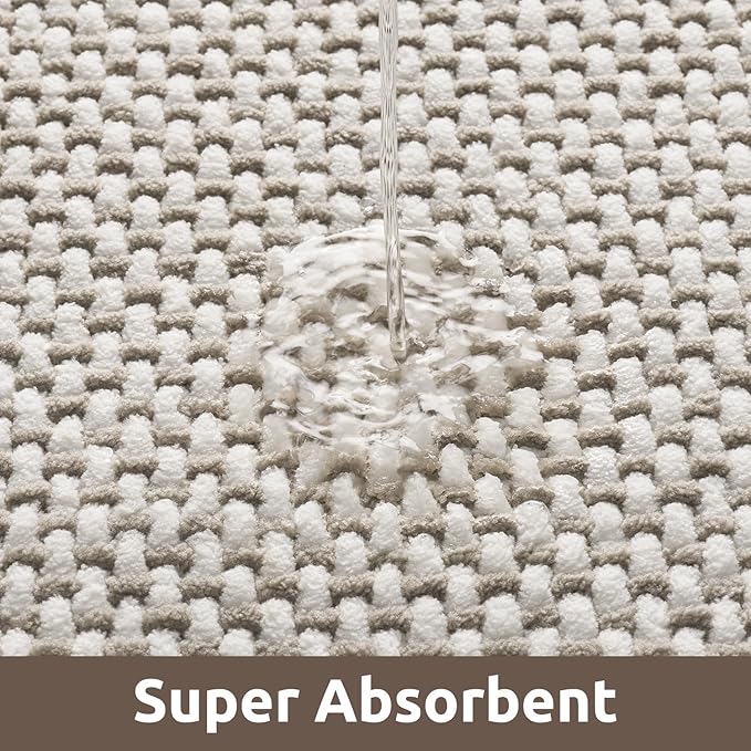 AMOAMI Chenille Bath Mat Super Absorbent Bathroom Mat Quick Dry Low Pile Bath Mats for Bathroom Washable Rubber Backed Bathroom Runners Fit Under Door, Front of Bathtub, Sink, Beige&White 24"x70"