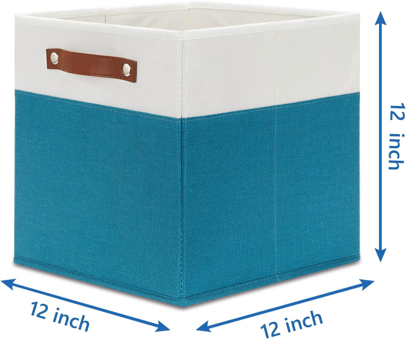 Temary Fabric Storage Bins - 12x12 Cube Baskets for Shelves & Closet with Leather Handles (White & Teal)