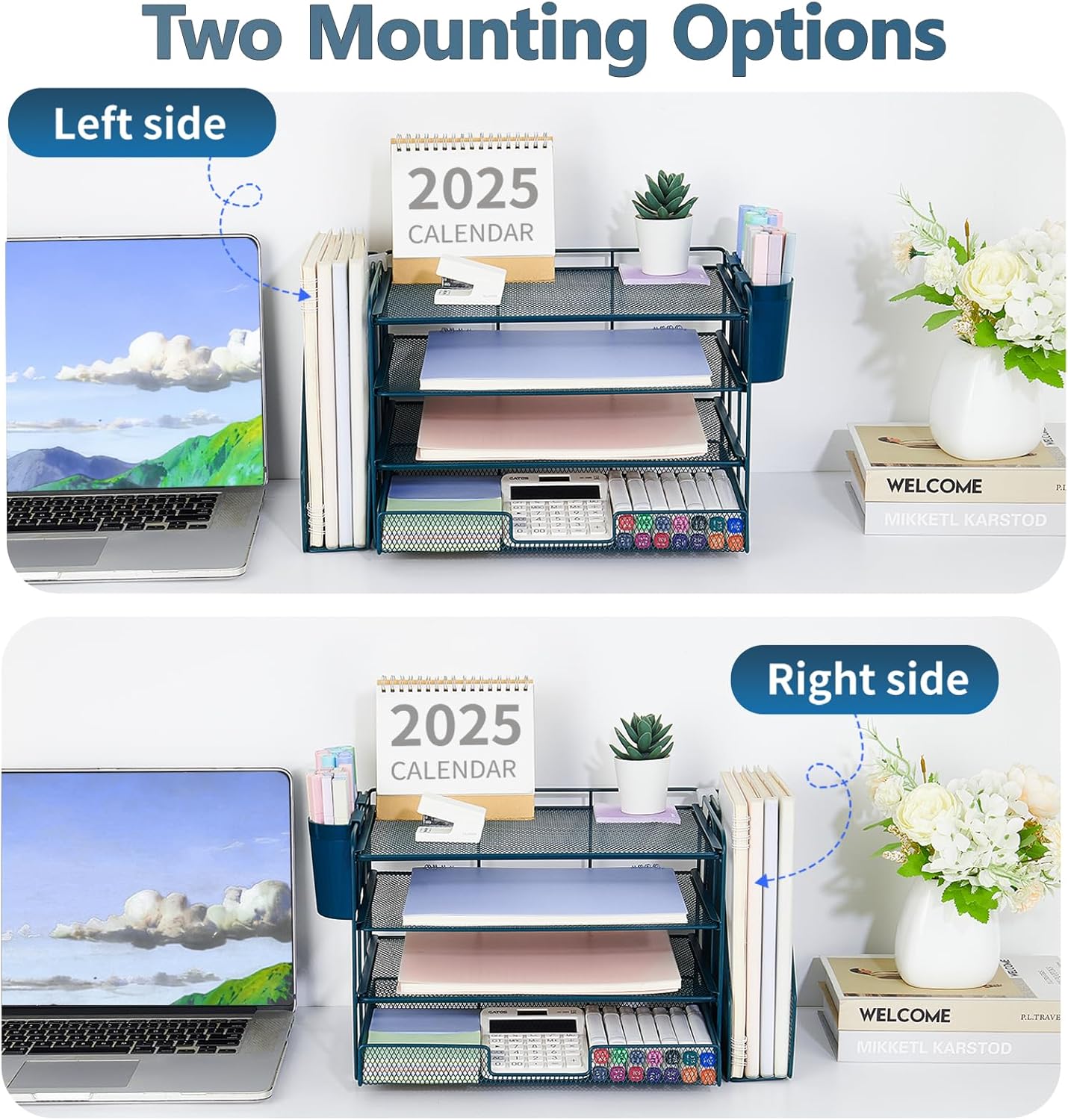 Desk Organizer and Accessories, 4-Tier Desktop File Organizer with Drawer and 2 Pen Holders, Office Desk Accessories, File Sorters, Workspace Organizers for Office Supplies(Dark Blue)